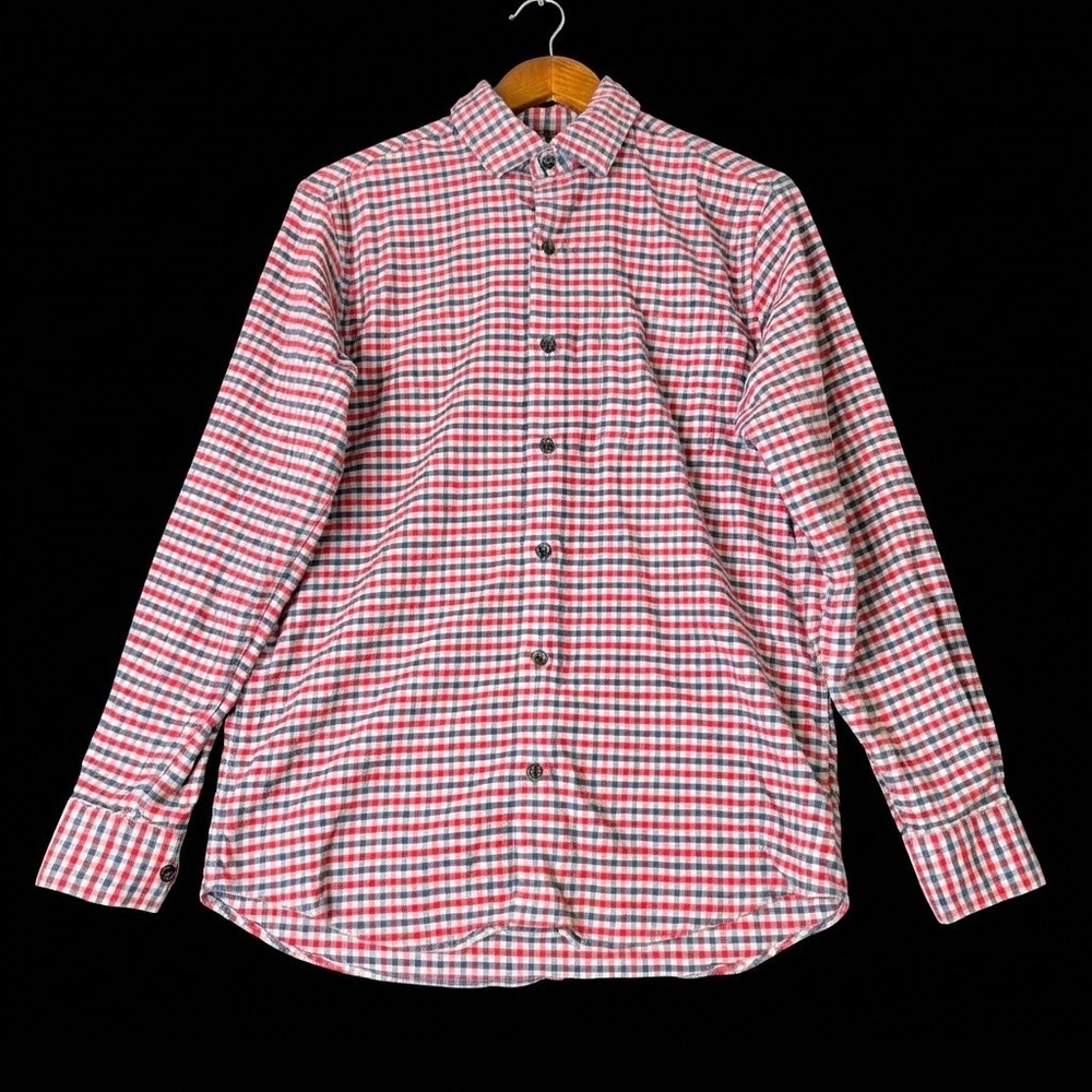 Orvis Mens Medium Red Blue Gingham Cotton Merino Wool Flannel Button Down Shirt